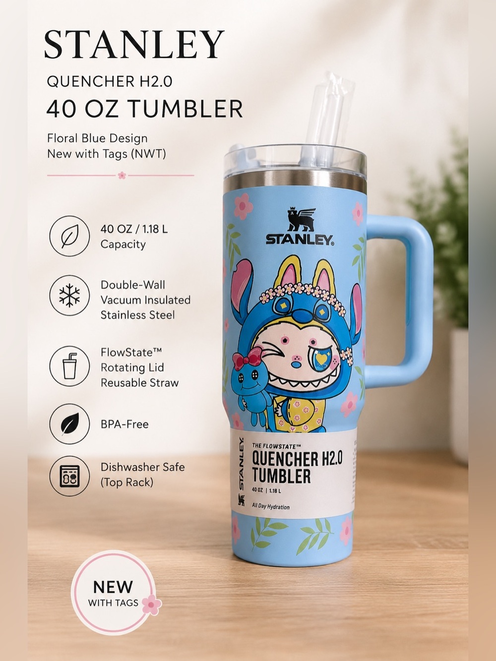 Stanley Quencher H2.0 40 oz Blue Floral Character Tumbler - Picture 1 of 6